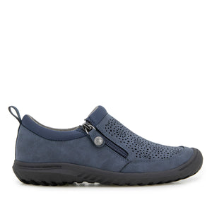 A blue slip-on shoe with a zipper closure.