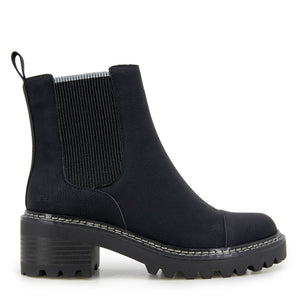 Black ankle boot with a chunky heel and elastic side panels.