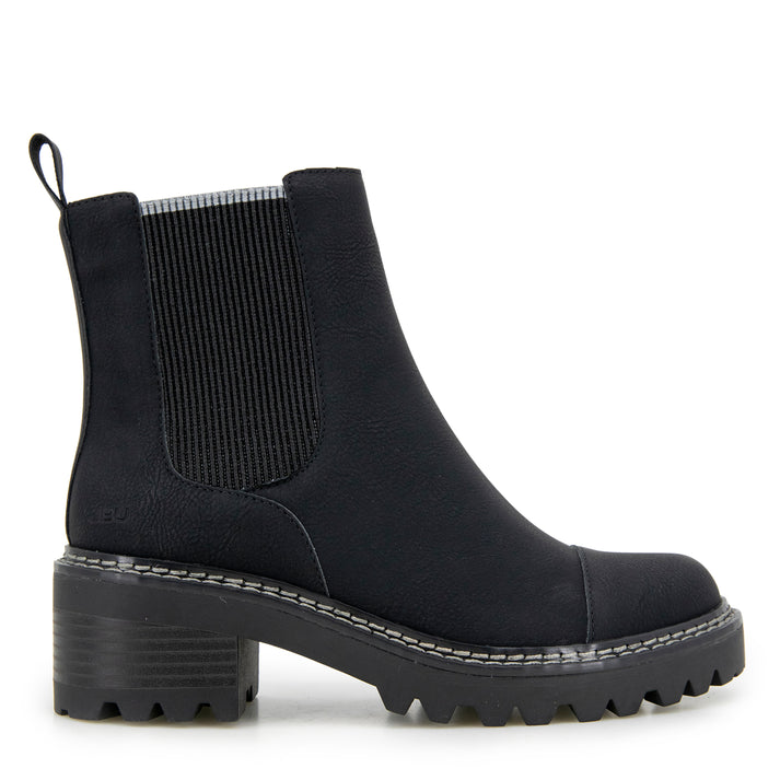 Black ankle boot with a chunky heel and elastic side panels.