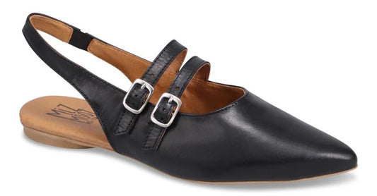 Black leather pointy-toe slingback flat with two buckled straps.