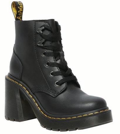Black leather ankle boot with thick, high, block heel and lace-up closure.