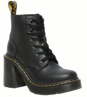 Black leather ankle boot with thick, high, block heel and lace-up closure.