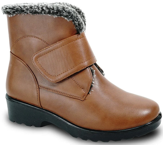 A brown faux leather ankle boot featuring a black sole and a plush grey and white faux fur trim at the collar, secured with a single velcro strap over the instep.