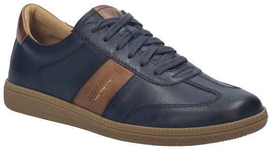 Low-top navy leather sneaker with brown stripe, laces, and sole.