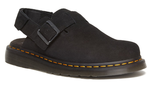 Black slip-on mule with a buckled back strap and yellow welt stitching.