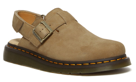 Tan slip-on sandal with a buckle and back strap.