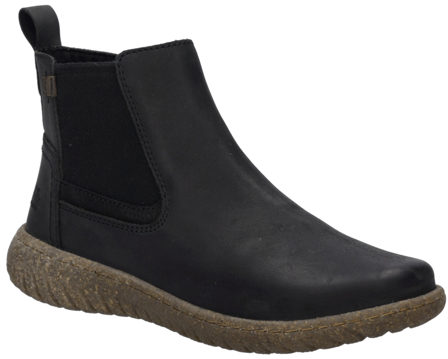 A black leather Chelsea-style ankle boot with a brown, textured, recycled-style rubber sole and a small black pull tab at the heel.