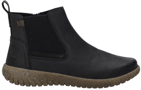 A black leather Chelsea boot with a pull tab on the back, elastic side panels, and a thick, textured, brown speckled rubber sole.