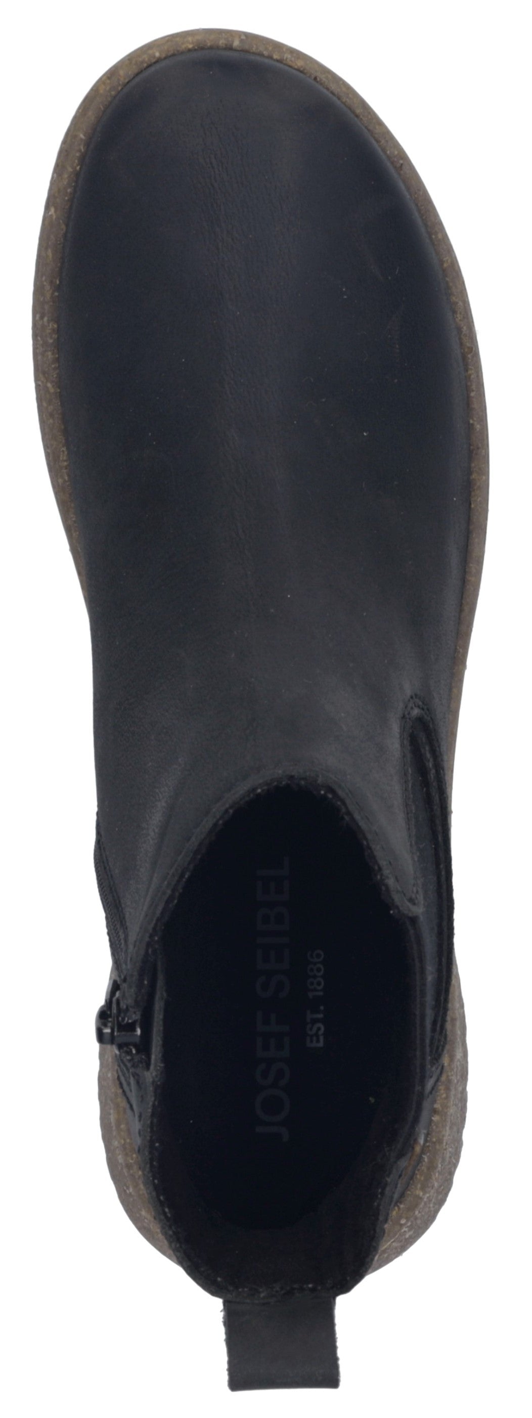 A top-down view of a black, ankle-high leather boot with a side zipper and a dark textured sole, featuring the brand name Josef Seibel printed on the insole.