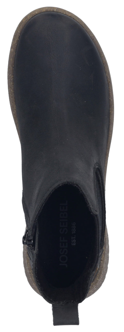 A top-down view of a black, ankle-high leather boot with a side zipper and a dark textured sole, featuring the brand name Josef Seibel printed on the insole.