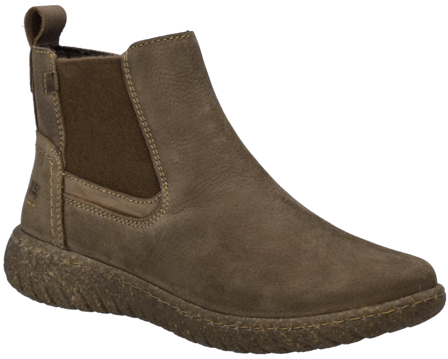 A brown Chelsea boot made of a soft suede-like material with a chunky, textured rubber sole and a heel pull tab.