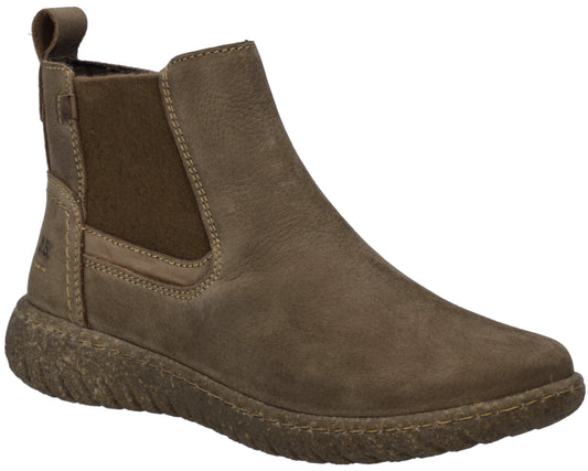 A brown Chelsea boot made of a soft suede-like material with a chunky, textured rubber sole and a heel pull tab.