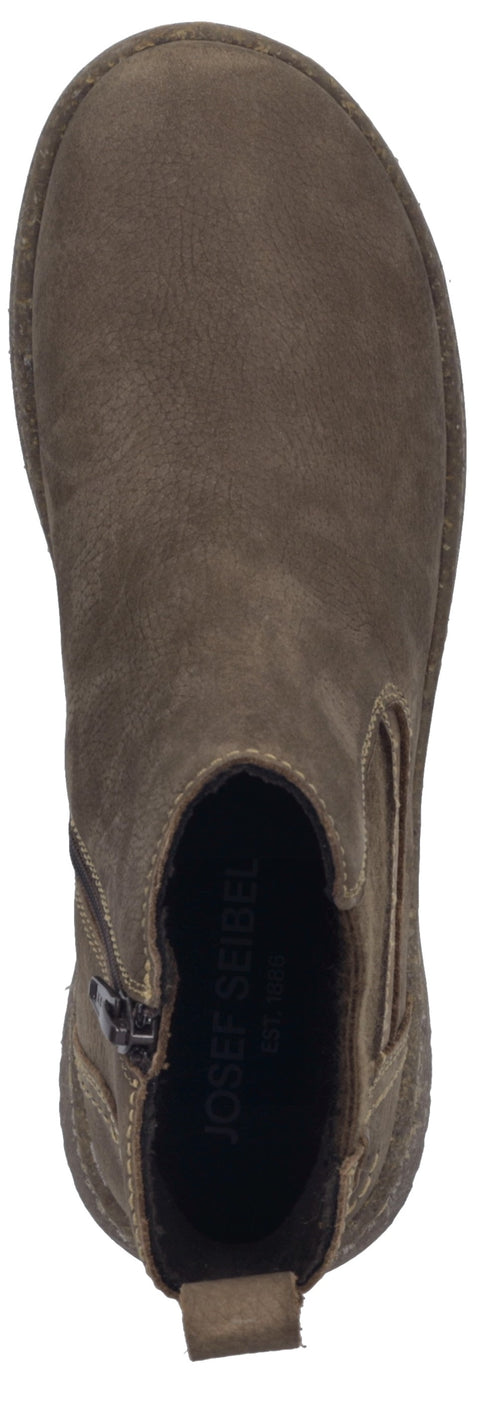 A top-down view of a taupe suede ankle boot with a side zipper and a small heel loop.