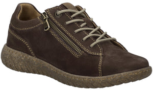 A brown suede sneaker with a side zipper, beige laces, visible stitching details, and a textured, tan-colored rubber sole.