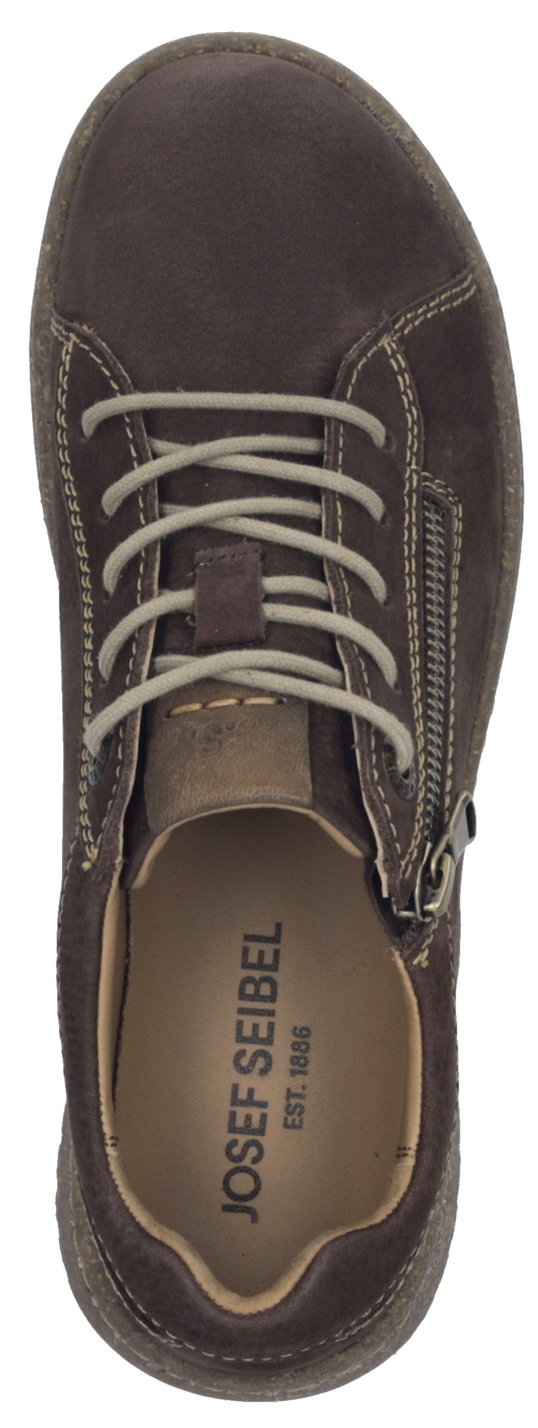 A top-down view of a dark brown suede sneaker featuring a side zipper, light beige laces, contrast stitching, and a branded insole that reads JOSEF SEIBEL EST. 1886.