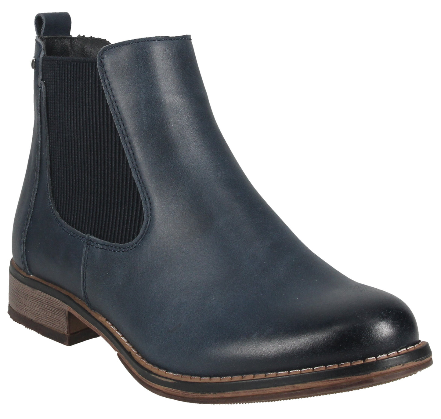 A navy blue leather Chelsea boot with elastic side panels and a low heel.