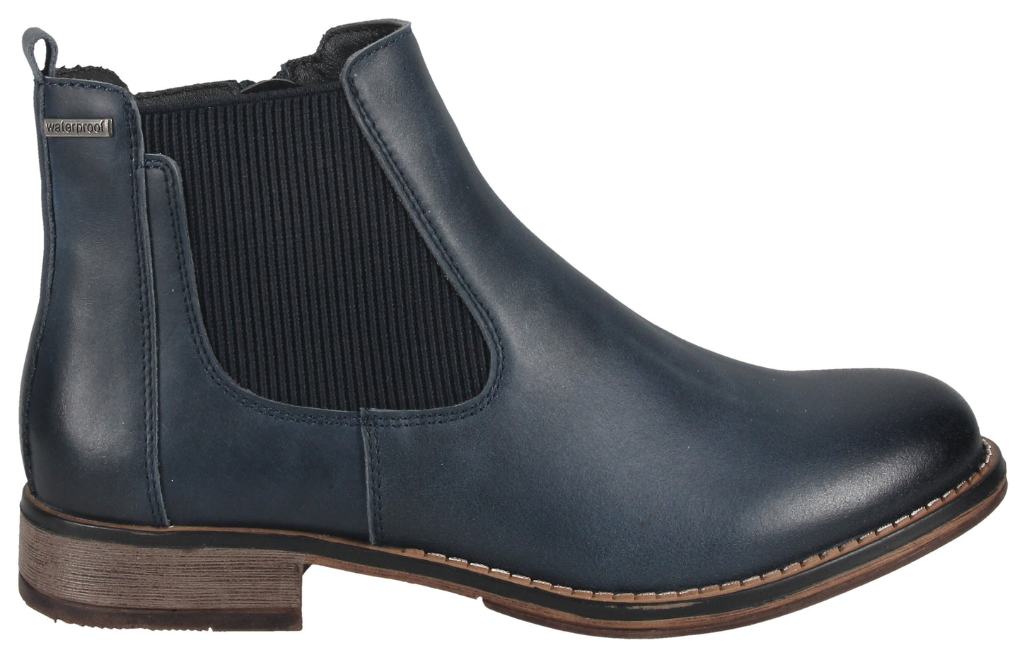 Side view of a blue leather Chelsea boot with black elastic gusset and a low stacked heel.