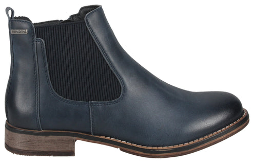 Side view of a blue leather Chelsea boot with black elastic gusset and a low stacked heel.