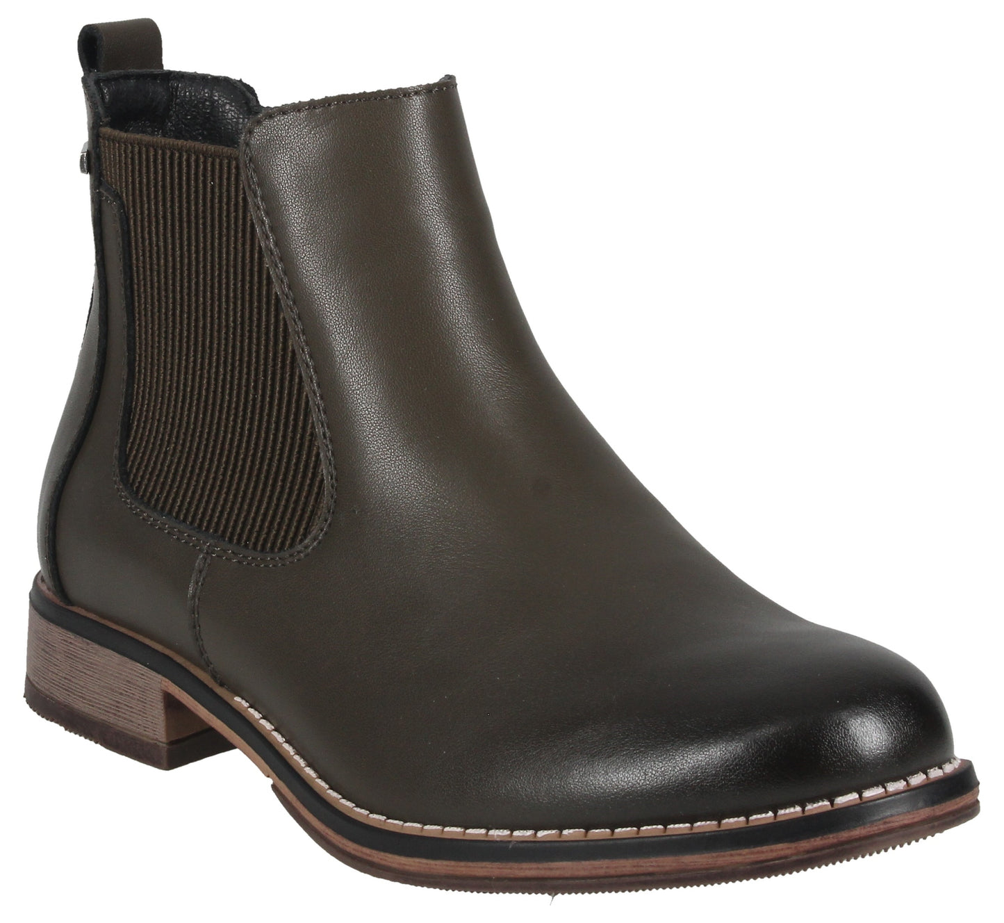 A dark olive green leather Chelsea boot with a round toe, ribbed elastic side panels, a small stacked heel, and a thick brown stitched sole.