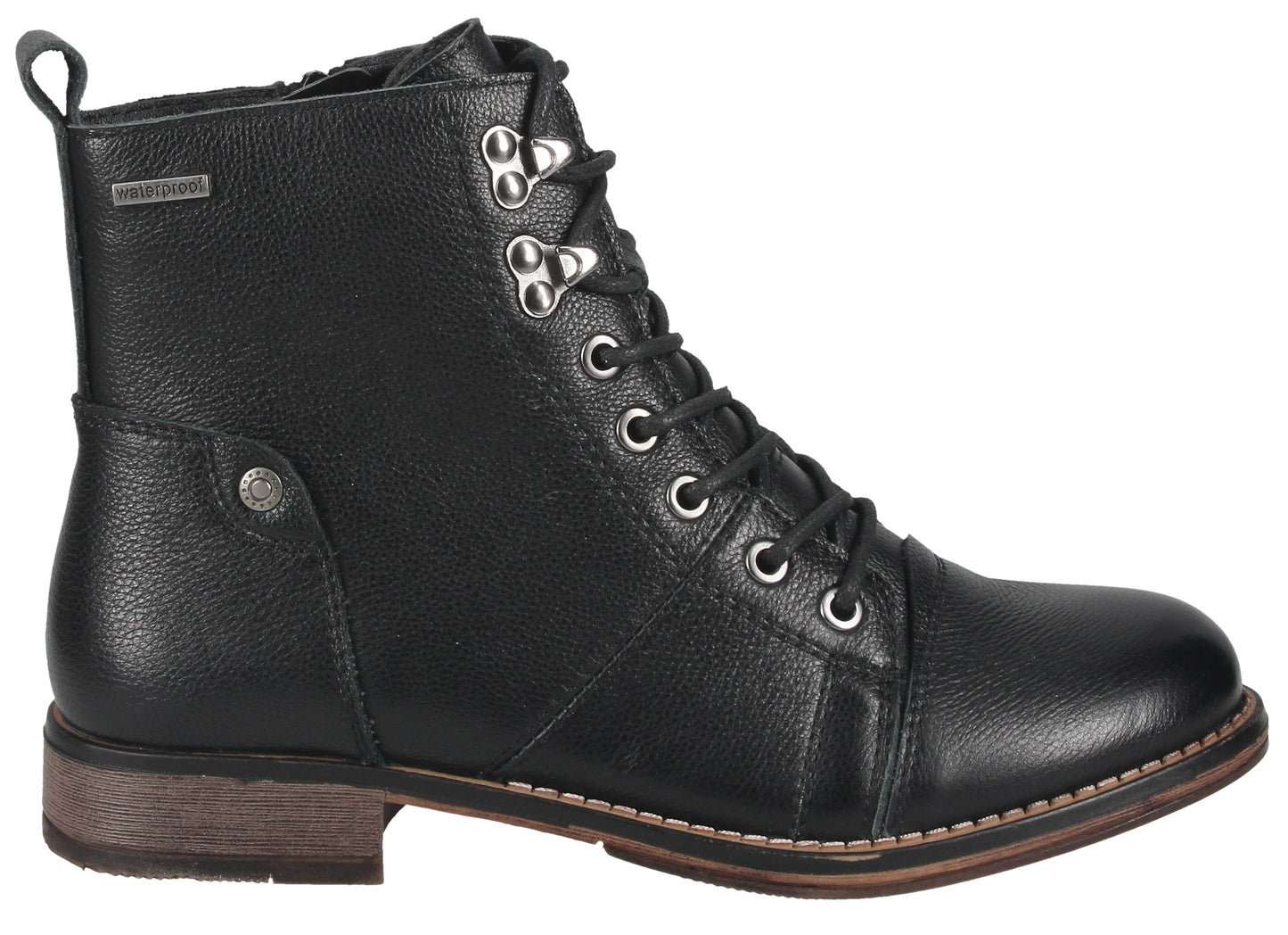 Black leather ankle boot with laces, metal eyelets, and a low heel.