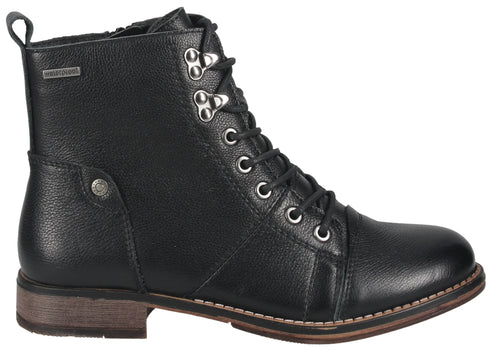 Black leather ankle boot with laces, metal eyelets, and a low heel.
