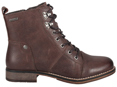 Dark brown leather ankle boot with laces and waterproof tag.