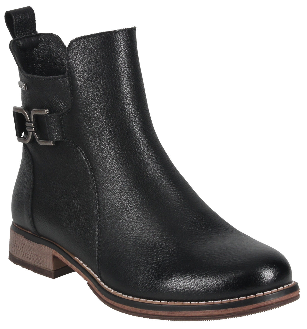 A black leather ankle boot with a side buckle detail, a small stacked heel, and a brown sole with white stitching.