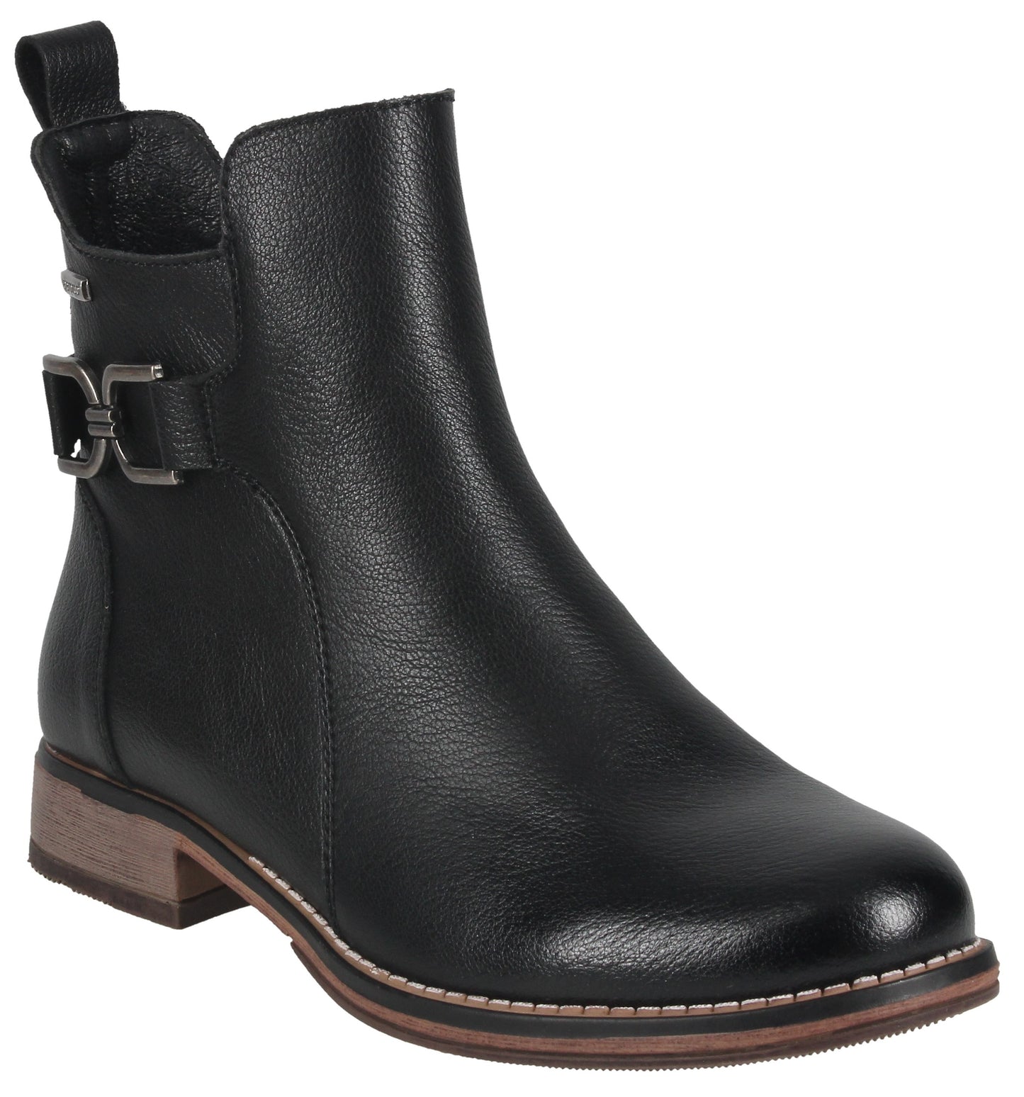 A black leather ankle boot with a side buckle detail, a small stacked heel, and a brown sole with white stitching.