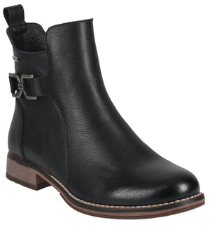 A black leather ankle boot with a side buckle detail, a small stacked heel, and a brown sole with white stitching.