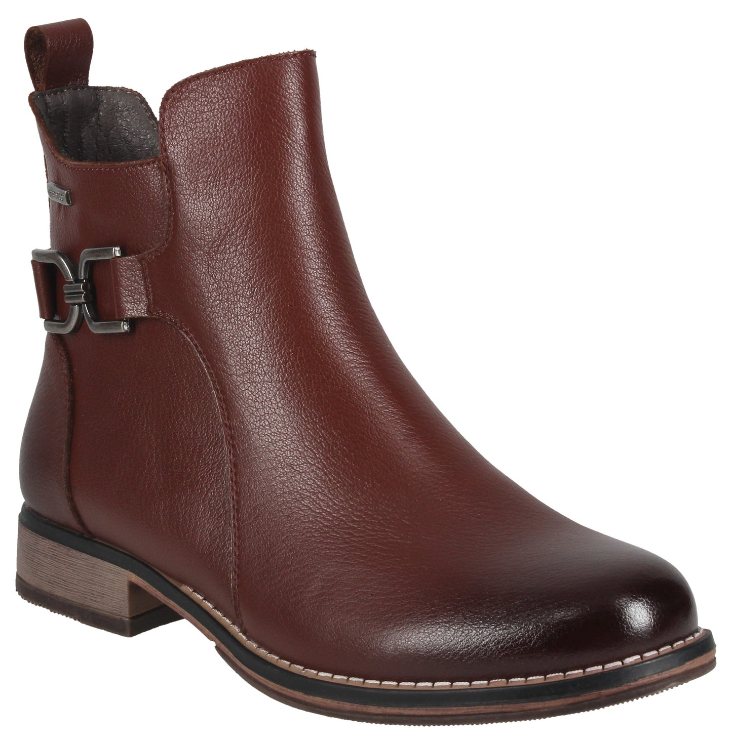 A brown leather ankle boot with a low block heel, a rounded toe, and a decorative metallic buckle on the side.