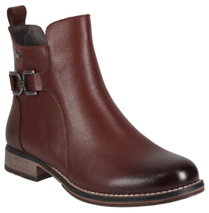 A brown leather ankle boot with a low block heel, a rounded toe, and a decorative metallic buckle on the side.