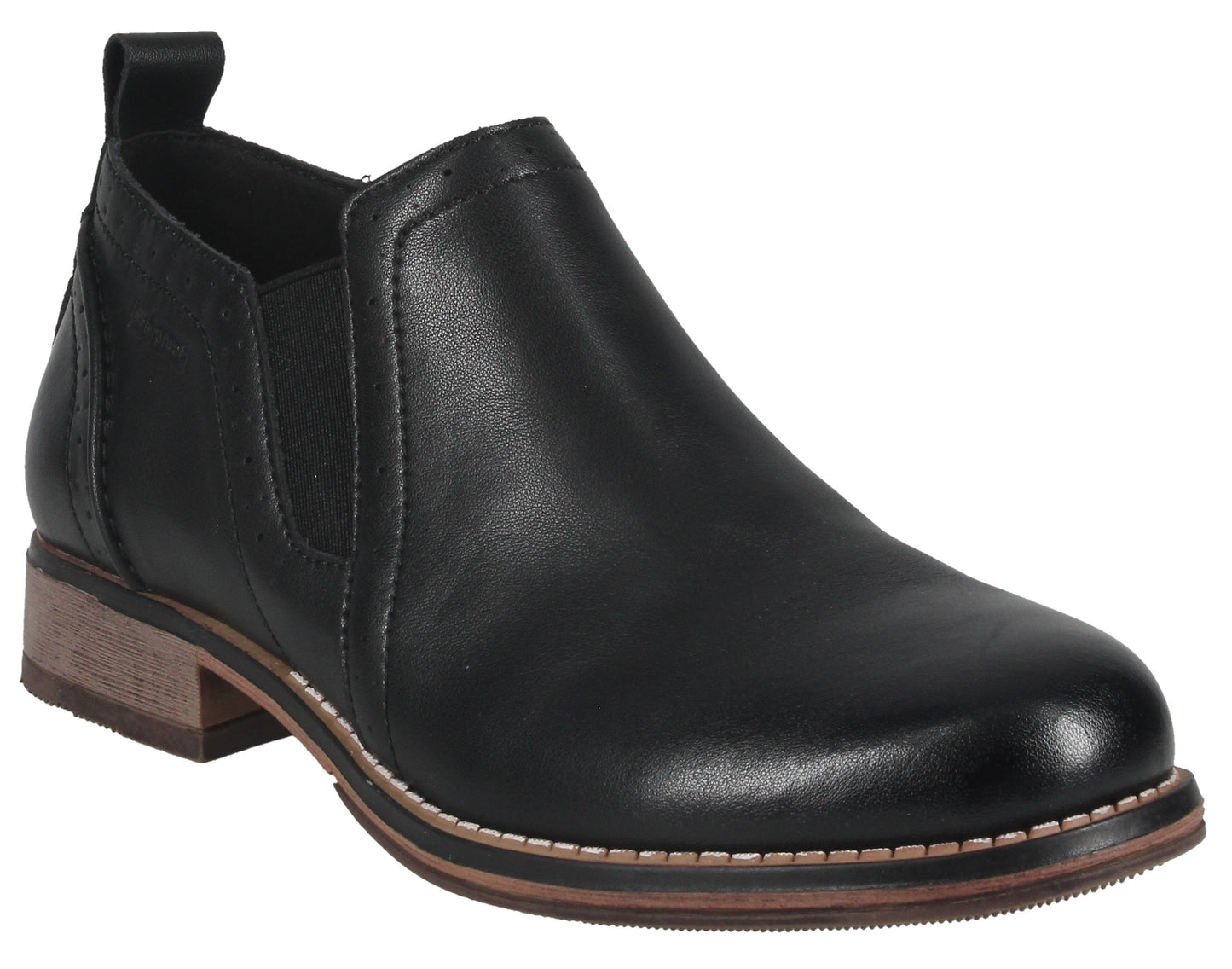 A black leather slip-on ankle boot with a low, wood-grain stacked heel, side elastic gore panels, a rounded toe, and visible stitching along the sole.