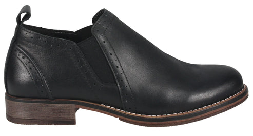 Black leather ankle boot with a low heel and elastic side panel.