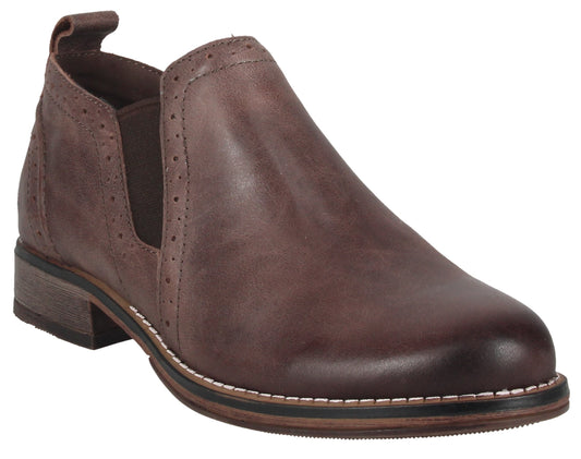 Brown leather low-heeled ankle boot with elastic side panels.