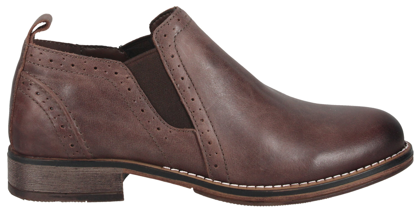 Dark brown leather ankle bootie with elastic side panels and decorative perforations.