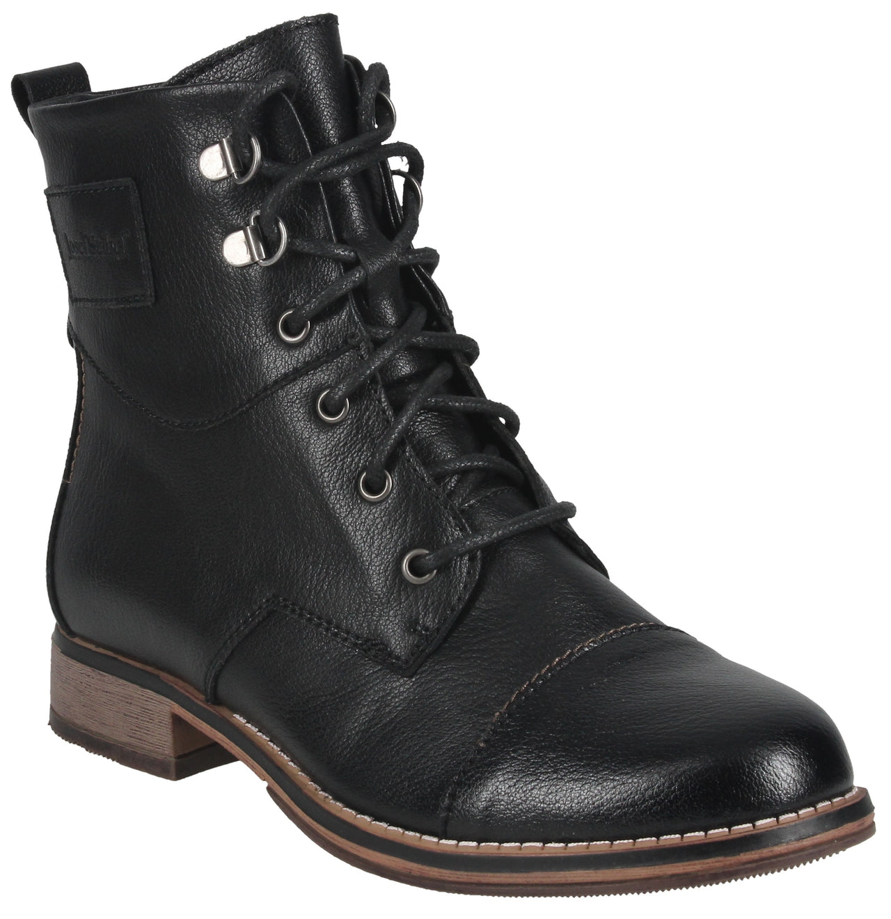A black lace-up leather ankle boot with a rounded toe, a cap toe design, silver eyelets, a small stacked wooden heel, and a brown layered sole.