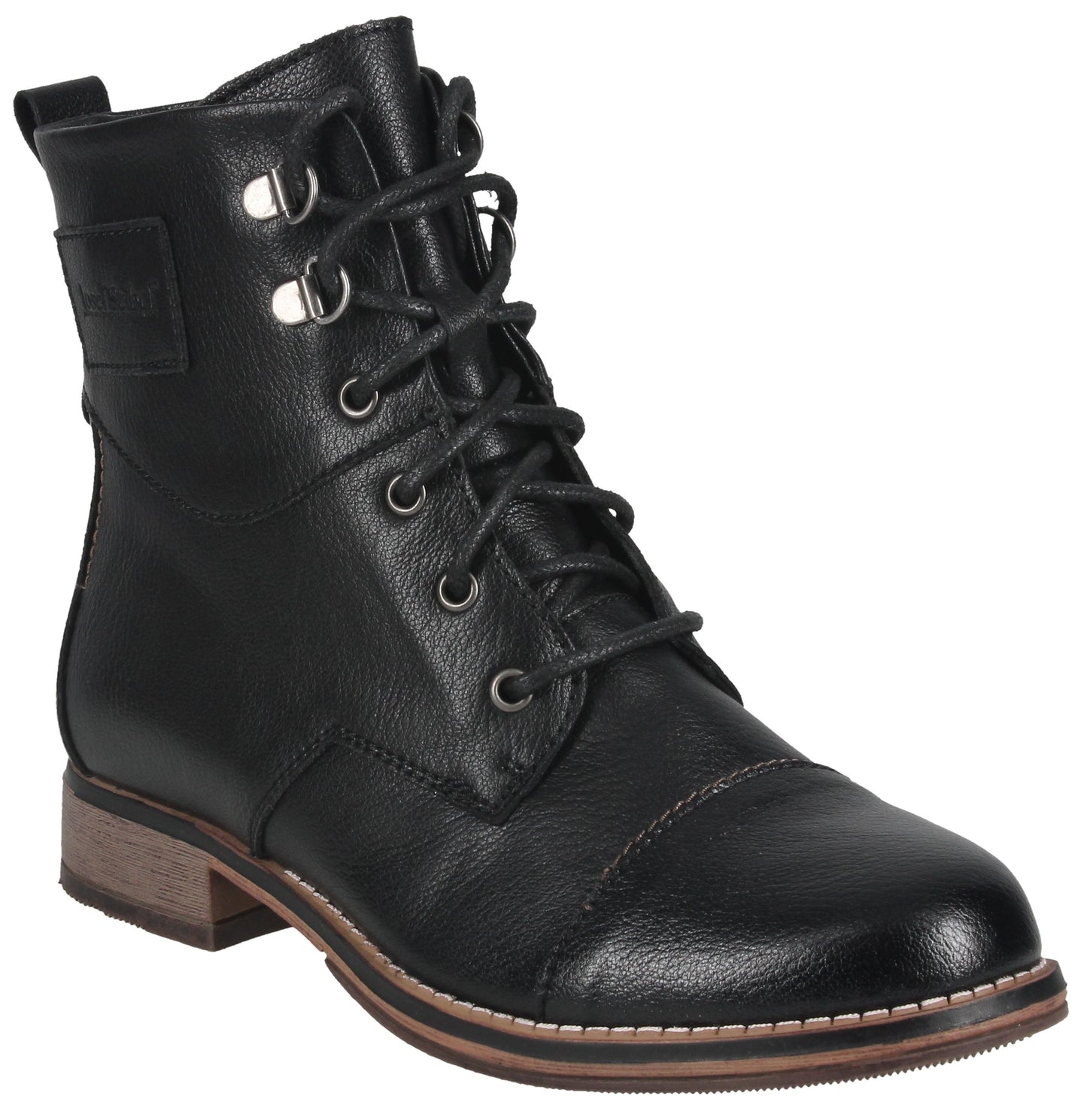 A black lace-up leather ankle boot with a rounded toe, a cap toe design, silver eyelets, a small stacked wooden heel, and a brown layered sole.
