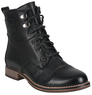 A black lace-up leather ankle boot with a rounded toe, a cap toe design, silver eyelets, a small stacked wooden heel, and a brown layered sole.