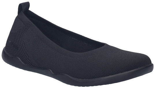 Black flat ballerina style shoe with knit-like texture.