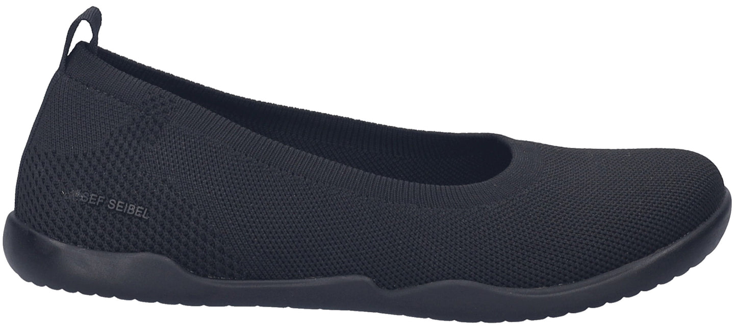 A black flat shoe with a loop on the back.