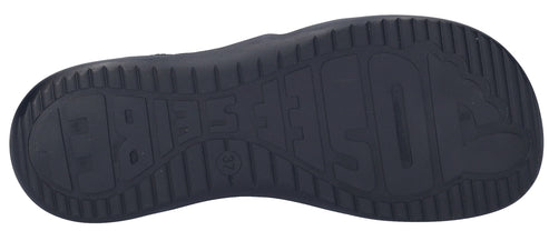 A dark sole of a sandal with gripping texture and some text.