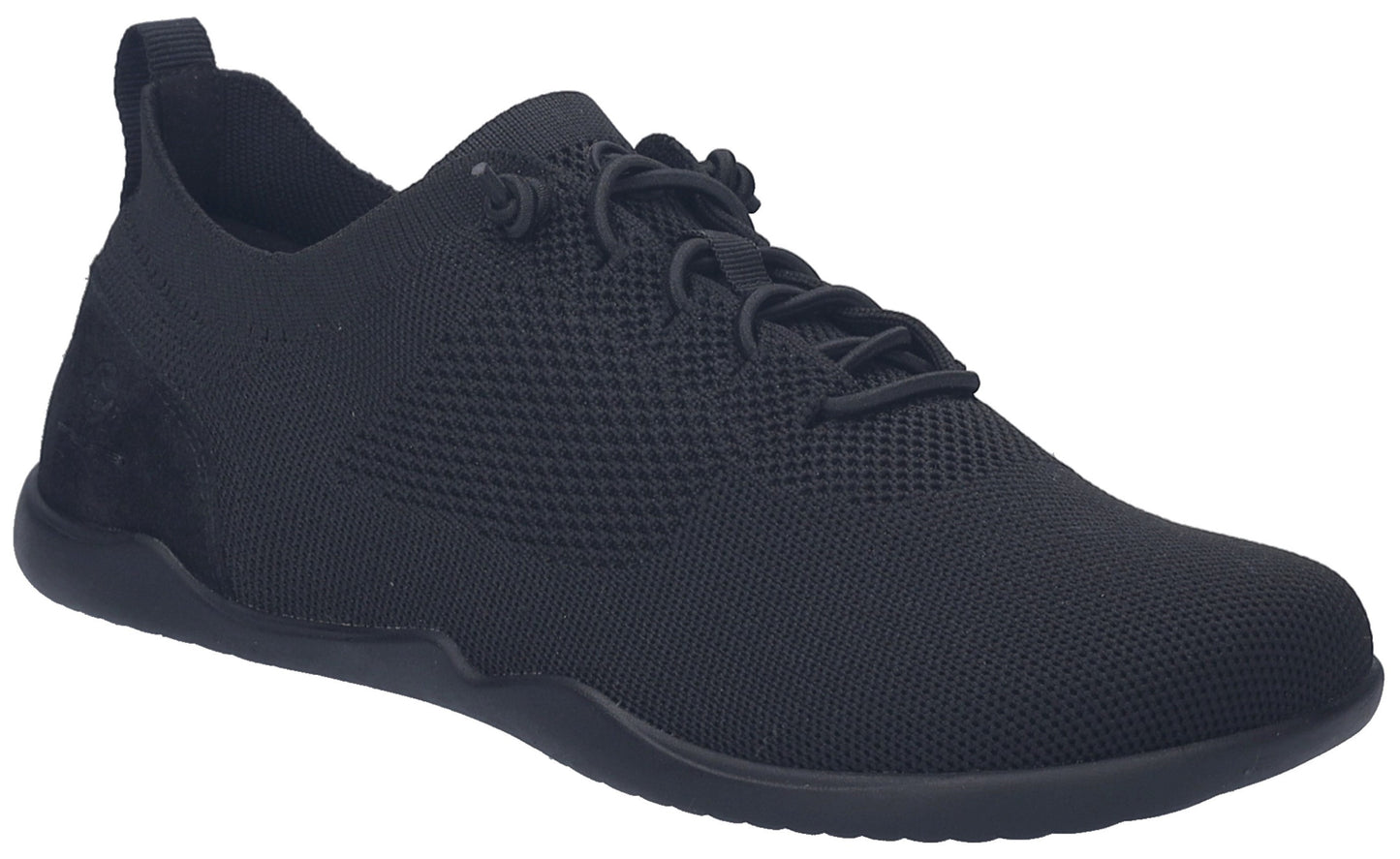 Black knit sneaker with black laces and black sole.