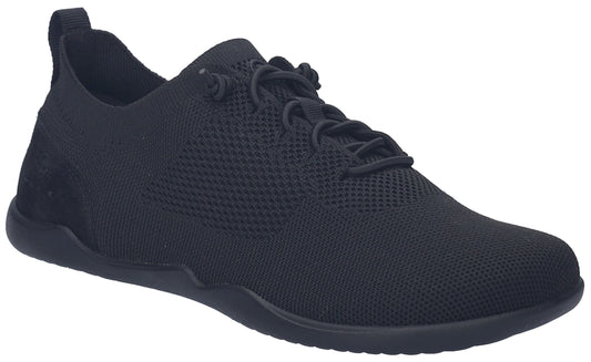 Black knit sneaker with black laces and black sole.
