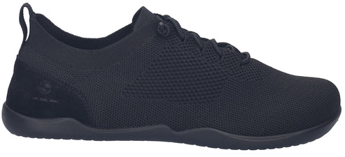 A black knit sneaker with black laces and a black sole.