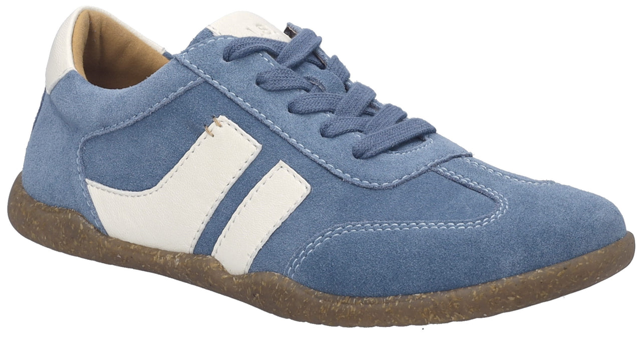 Blue suede sneaker with white stripes and brown sole.