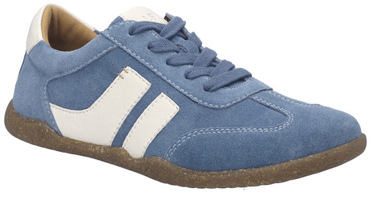 Blue suede sneaker with white stripes and brown sole.