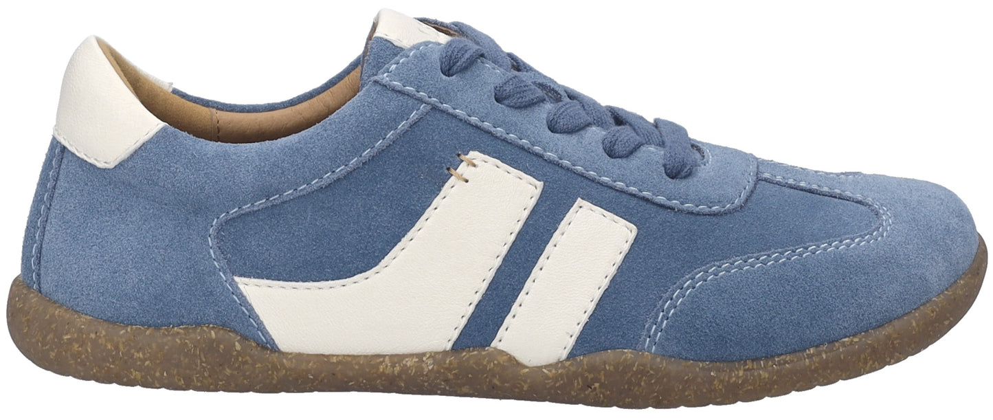 A blue suede sneaker with white stripes and a brown sole.