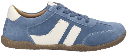 A blue suede sneaker with white stripes and a brown sole.