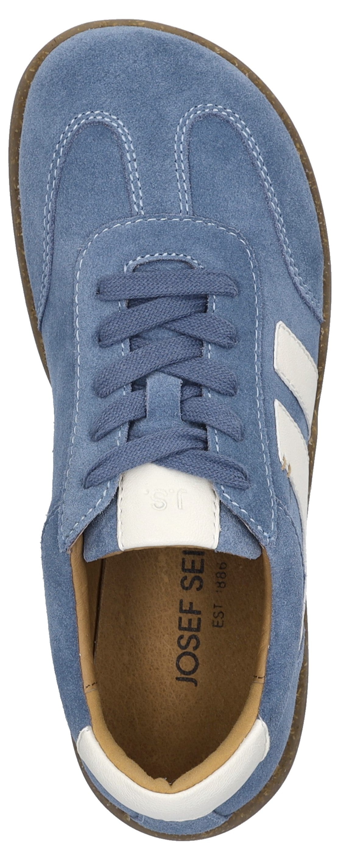 A blue sneaker with white stripes and brown sole.