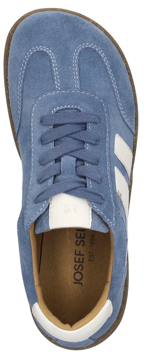 A blue sneaker with white stripes and brown sole.